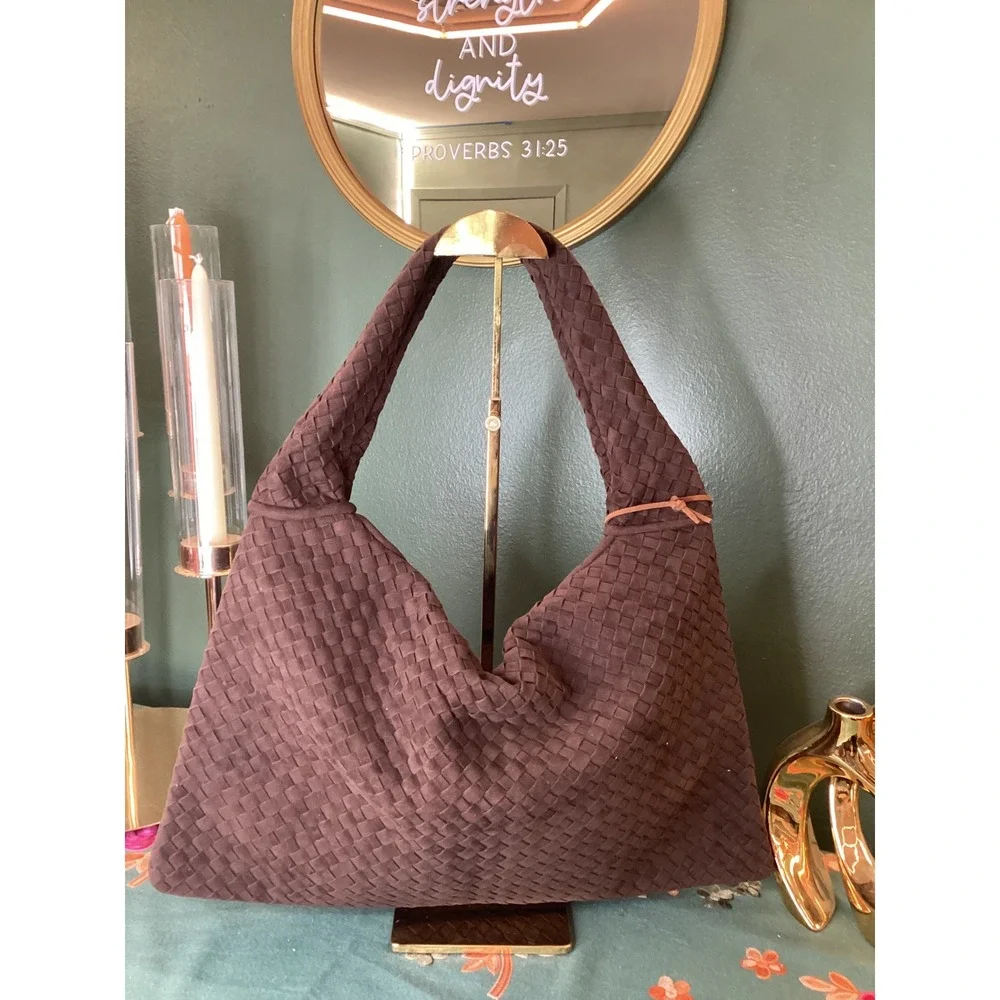 Luxury Faux Suede Woven Hobo Shoulder‎ Bag Chocolate Brown Chic Everyday